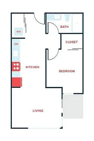 Modern 2D floor plan showcasing a cozy 1-bedroom apartment with a spacious living area, functional kitchen, and convenient bath.
