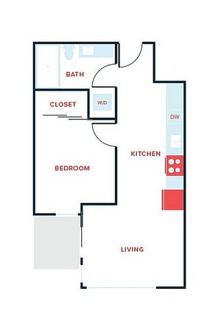 Contemporary floor plan showcasing a cozy one-bedroom layout with an adjacent bath, modern kitchen, and inviting living area.