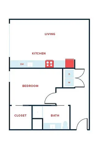 Contemporary floor plan showcasing a cozy 1-bedroom layout with a spacious living area, kitchen, and bath. Perfect for compact living.