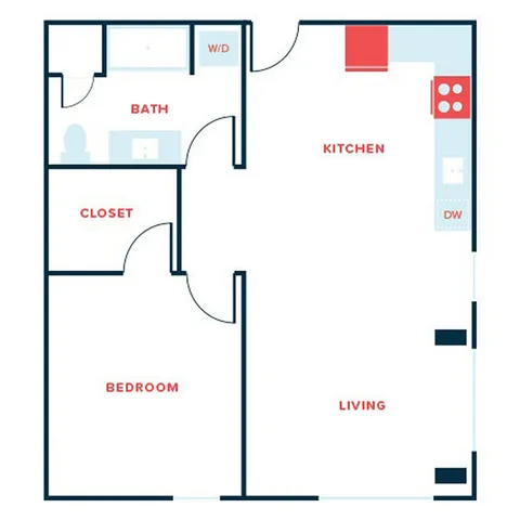 Modern floor plan showcasing 1 bedroom, spacious kitchen with washer/dryer, cozy living area, and bathroom with closet.