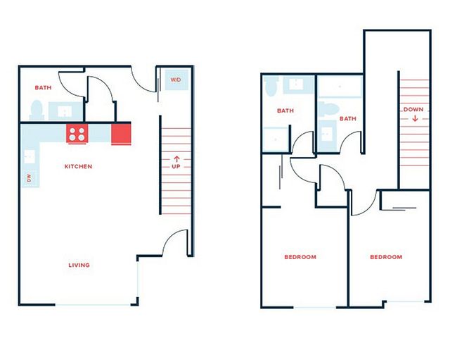 Modern two-story floor plan featuring a spacious kitchen, cozy living area, two bedrooms, and two baths for ultimate comfort.