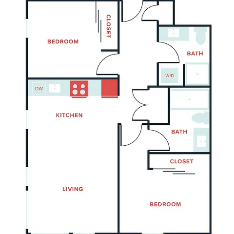 Contemporary floor plan showcasing an open-concept living and kitchen area, featuring two bedrooms, two baths, and ample closet space.