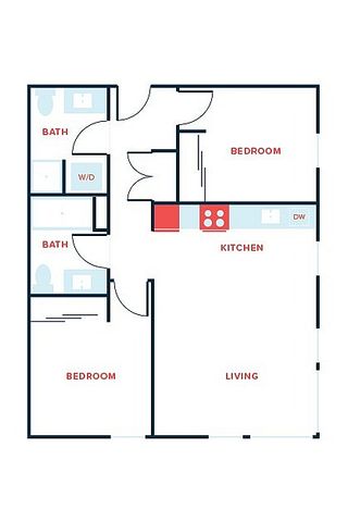 Modern 2D floor plan featuring 2 bedrooms, 2 stylish bathrooms, and an open kitchen-living area.