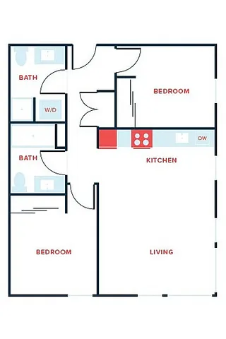 Inviting 2D floor plan showcasing a modern layout with 2 bedrooms, efficient kitchen, spacious living area, and 2 bathrooms.