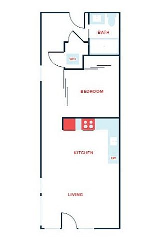 Chic floor plan showcasing 1 bedroom, modern kitchen, cozy living space, and convenient bath layout.