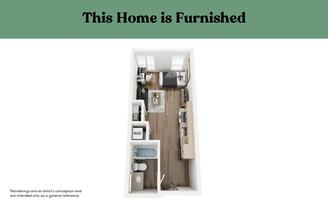 Modern furnished apartment layout featuring an open-plan kitchen, cozy living area, and sleek bathroom with in-unit washer/dryer.