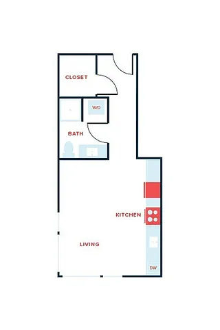 Efficient single-bedroom apartment floor plan featuring a modern kitchen, cozy living area, ample closet space, and a well-organized bathroom.