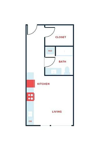 Compact floor plan showcasing an efficient layout with a living area, sleek kitchen, inviting bath, closet space, and convenient washer/dryer setup.