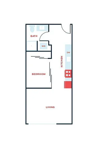 Modern floor plan showcasing a cozy 1-bedroom apartment with a functional kitchen, inviting living space, and convenient bathroom.