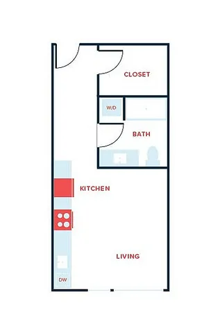 Modern floor plan showcasing open kitchen, cozy living area, closet, and bath with washer/dryer space.