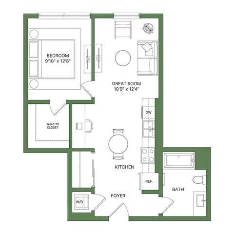 Modern floor plan featuring a spacious bedroom with walk-in closet, inviting great room, functional kitchen, and cozy bath.