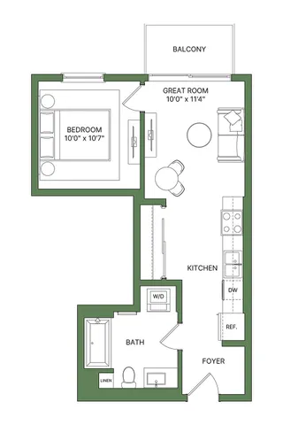 Chic floor plan featuring a cozy bedroom, open-concept great room, and modern kitchen with balcony access.