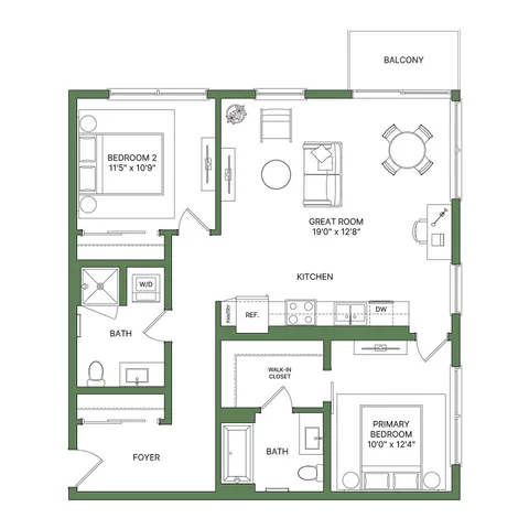 Modern floor plan showcasing a spacious great room, open kitchen, 2 bedrooms, 2 baths, and a balcony. Perfect blend of function and style.