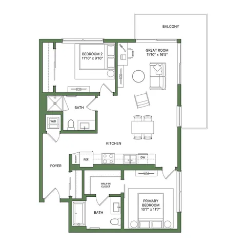 Inviting floor plan featuring two spacious bedrooms, two bathrooms, modern kitchen, and a great room leading to a balcony.