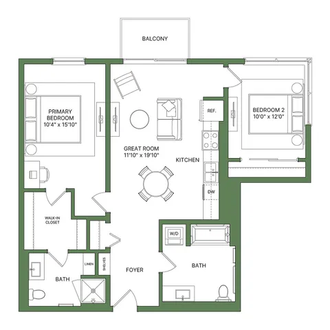 Inviting floor plan with 2 bedrooms, spacious great room, modern kitchen, and private balcony.