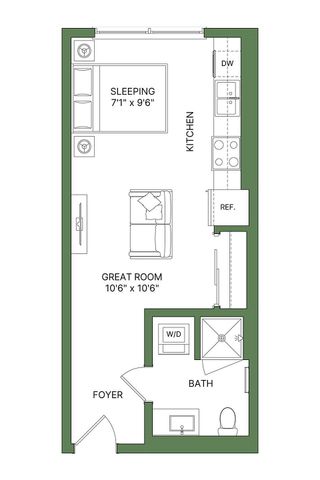 Modern studio apartment floor plan showcasing a great room, compact kitchen, dedicated sleeping area, and convenient bath with washer/dryer.
