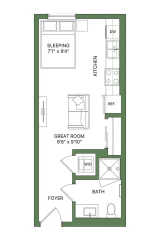 Modern studio apartment floor plan featuring an efficient layout with a sleeping area, cozy great room, compact kitchen, and stylish bathroom.