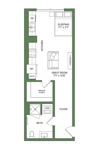 Chic studio apartment floor plan showcasing a compact layout with a modern kitchen, spacious great room, cozy sleeping area, and convenient walk-in closet.