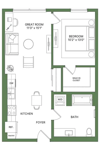 Modern apartment floor plan showcasing a spacious great room, sleek kitchen, inviting bedroom, and bath, complete with walk-in closet and washer/dryer area.