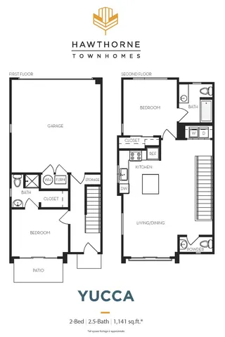 Stylish floor plan of the Yucca model in Hawthorne Townhomes, featuring 2 bedrooms, 2.5 bathrooms, a spacious garage, and open-concept living/dining area across 1,141 sq. ft.