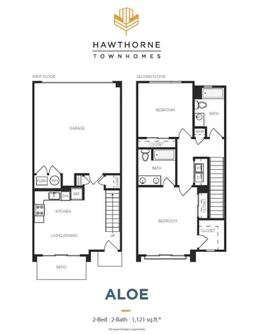 Hawthorne Townhomes Aloe model floor plan with 2 bedrooms, 2 bathrooms, featuring an open kitchen and living area, patio, and garage, spread over 1,121 sq ft.