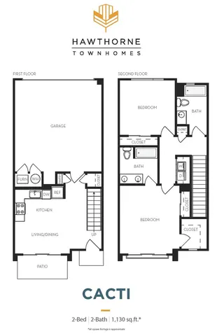 Hawthorne Townhomes Cacti model floor plan featuring 2 bedrooms, 2 baths, a spacious kitchen, open living and dining area, and garage, totaling 1,130 sq ft.