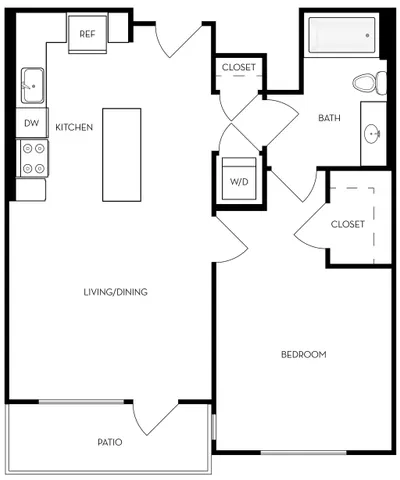 Modern single-bedroom floor plan featuring an open-concept kitchen and living/dining area with patio access. Includes spacious closets, in-unit washer/dryer, and a stylish bathroom layout.