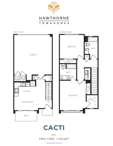 Hawthorne Townhomes floor plan \'Cacti\' showcasing 2 bedrooms and 2 baths with a spacious kitchen, open living and dining area, and a private patio, covering 1,130 sq. ft. of modern design.