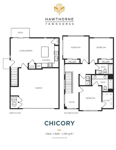 Hawthorne Townhomes Chicory floor plan showcasing a spacious two-story layout with 3 bedrooms, 2 baths, garage, and open-concept living/dining area leading to a patio, totaling 1,394 sq ft.