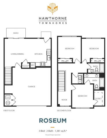 Hawthorne Townhomes floor plan for Roseum model, featuring 3 bedrooms, 2 bathrooms, spacious living/dining area, modern kitchen, and garage, 1,381 sq ft.