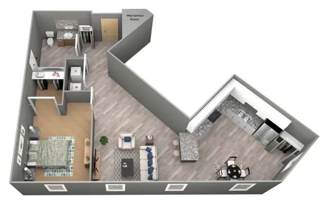 Contemporary 3D floor plan featuring one bedroom, open-concept kitchen, and cozy living area with stylish furnishings.