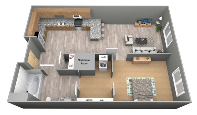 Modern 3D floor plan displaying a stylish one-bedroom layout with an open-concept kitchen, cozy living area, and in-unit laundry.
