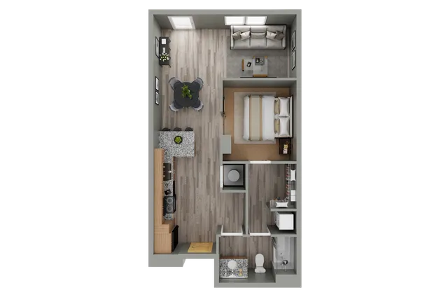 Modern apartment floor plan showcasing 1 bedroom, open-concept living and dining area, sleek kitchen, and stylish bathroom.