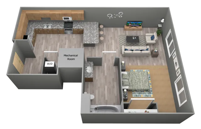 Modern 3D apartment floor plan showcasing a sleek, open-concept kitchen with granite countertops, a cozy living area with stylish decor, and a spacious bedroom with en-suite bathroom.