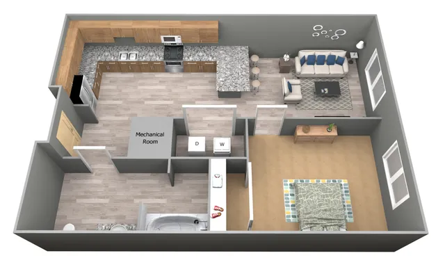 Modern 3D floor plan showcasing a stylish layout with one bedroom, spacious living area, sleek kitchen with bar seating, and a cozy bathroom.