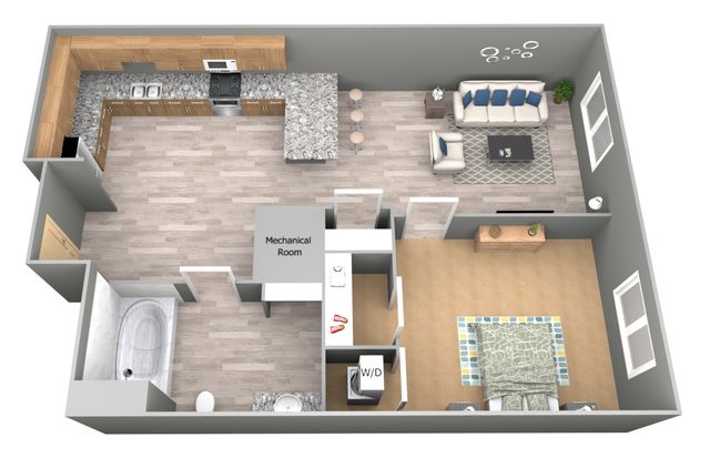 Spacious 3D floor plan featuring a modern open-concept kitchen with granite countertops, cozy living area, elegant bedroom, and stylish bathroom layout.