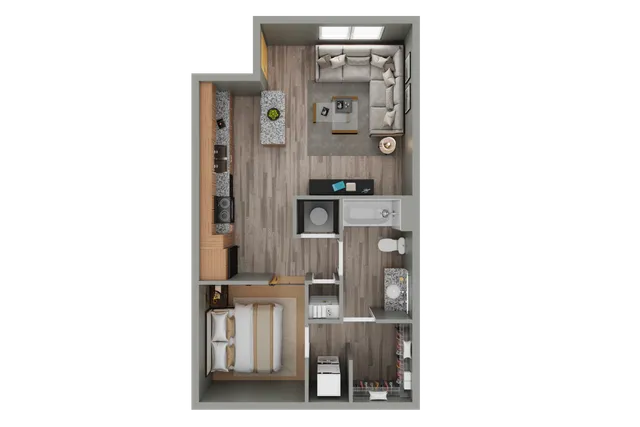 Modern 3D floor plan showcasing a cozy one-bedroom apartment with an open kitchen, comfortable living area, and stylish bathroom.