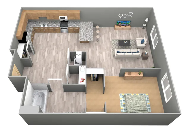 Modern 3D floor plan showcasing an open-concept kitchen and living room, one bedroom, and a well-appointed bathroom.