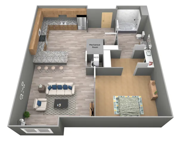 Modern apartment 3D floor plan featuring a spacious bedroom, open-plan living area, L-shaped kitchen with breakfast bar, and a cozy bathroom layout.
