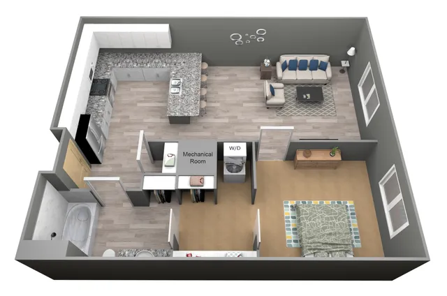 Contemporary 3D apartment floor plan showcasing a spacious layout with an open kitchen, cozy living area, and elegant bedroom.