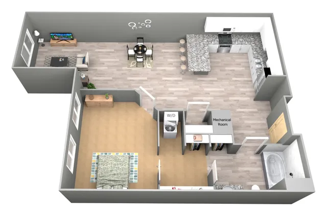 Contemporary 3D floor plan featuring a spacious bedroom, open-concept living room, elegant kitchen with granite countertops, dining area, and convenient laundry room.