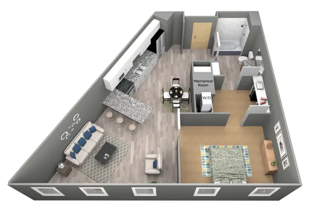 Contemporary floor plan showcasing a cozy 1-bedroom apartment with an open-concept kitchen and living area, stylish breakfast bar, and elegant dining space.