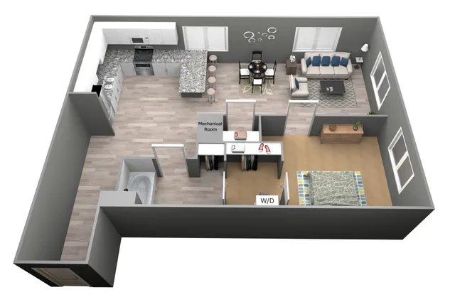 Modern 3D floor plan showcasing a spacious open-concept kitchen, cozy living room, dining area, and bedroom with an en-suite mechanical room.
