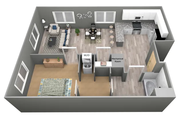 Elegant 3D floor plan showcasing a modern one-bedroom apartment with an open-concept living area, stylish kitchen with bar seating, cozy living room, and convenient laundry facilities.