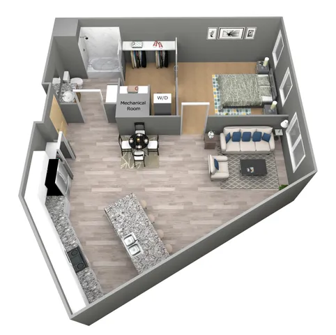 Contemporary 3D floor plan showcasing a chic one-bedroom apartment with an open-concept living area, modern kitchen with island, and spacious walk-in closet.