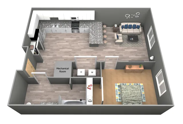 Charming 3D apartment layout with a modern kitchen, cozy living area, and inviting bedroom. Includes a convenient mechanical room and a stylish bar island.