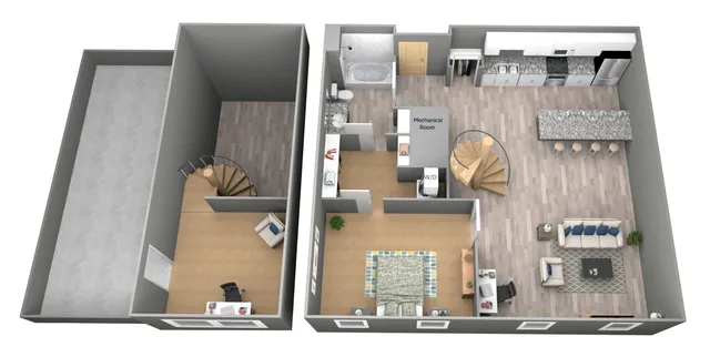 Modern 3D floor plan showcasing a spacious open-concept layout with a stylish kitchen, cozy living room, elegant spiral staircase, and a well-appointed bedroom.