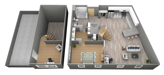 Modern 3D floor plan featuring an expansive open-concept living area, sleek kitchen with island seating, spiral staircase, comfortable bedroom, spacious bath, and multipurpose room.