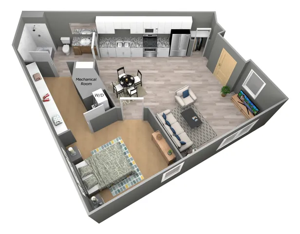 Modern 3D floor plan showcasing a spacious 1-bedroom apartment with an open-concept kitchen, cozy living area, and sleek bathroom.