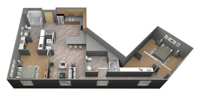 Modern 3D apartment floor plan featuring two spacious bedrooms, an open-concept kitchen with breakfast bar, stylish living area, and two bathrooms.